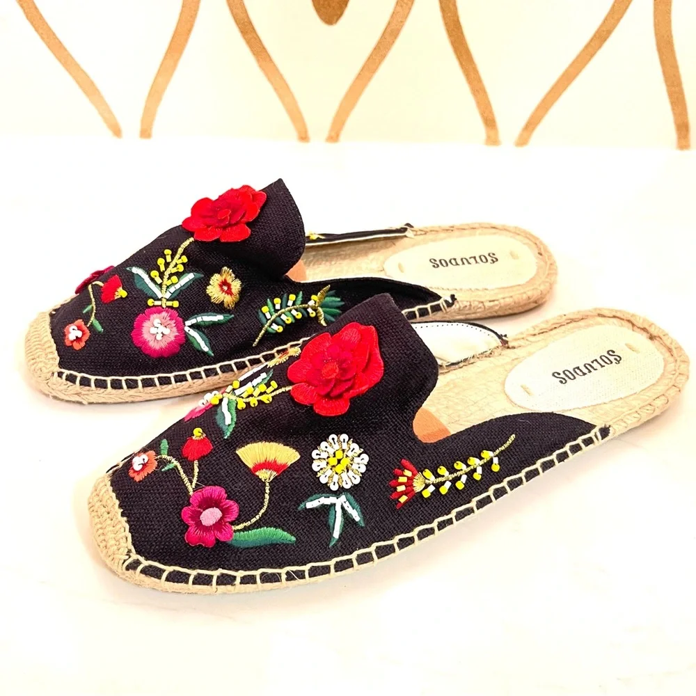 Soludos Black Espadrilles with Colorful Floral Embroidery